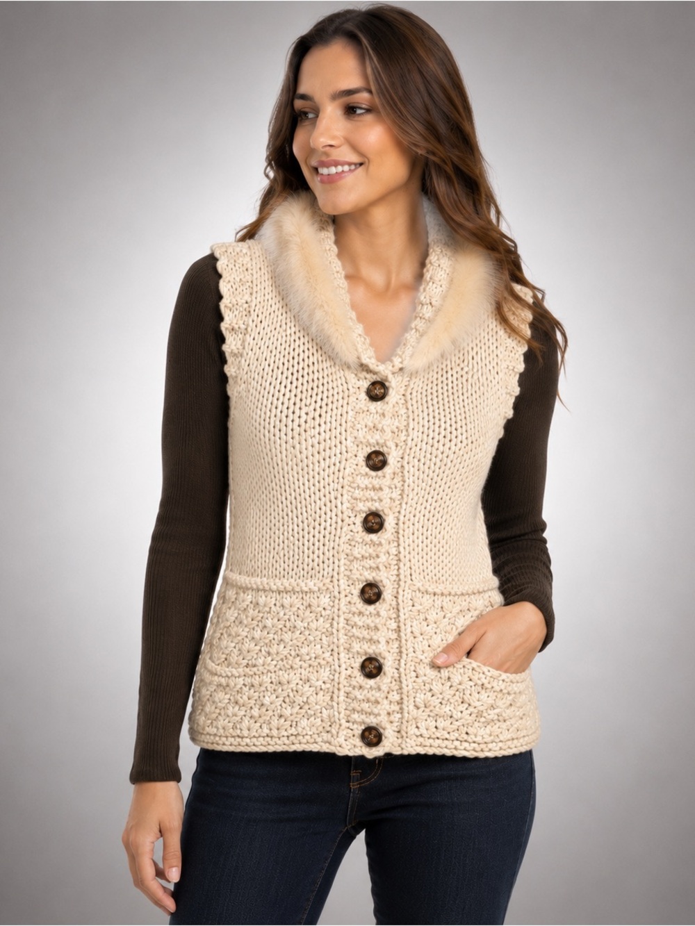 Papaya Chunky Knit Faux Fur Trim Sweater Vest Cream M